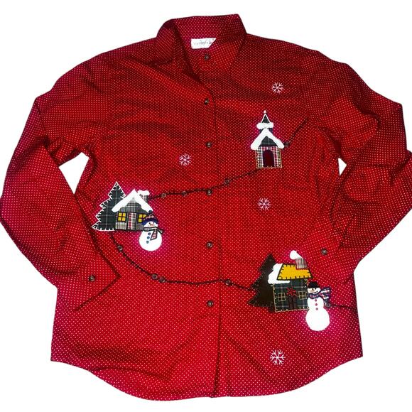 Embroidered Red polka dot Holiday snowman christmas women's Button Up shirt Med - Picture 1 of 5